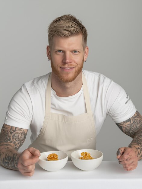 Uśmiechnięty kucharz przy stole